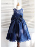 Navy Blue Lace Big Bow Knee Length Flower Girl Dress